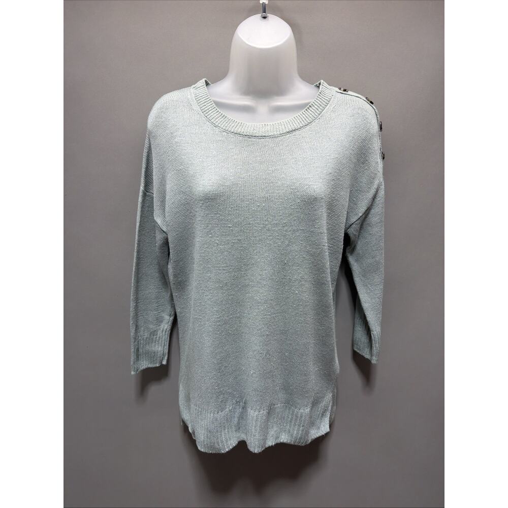 Tahari Sweater Green 100% Linen Relaxed Button Accent Beachy Pullover sweater M